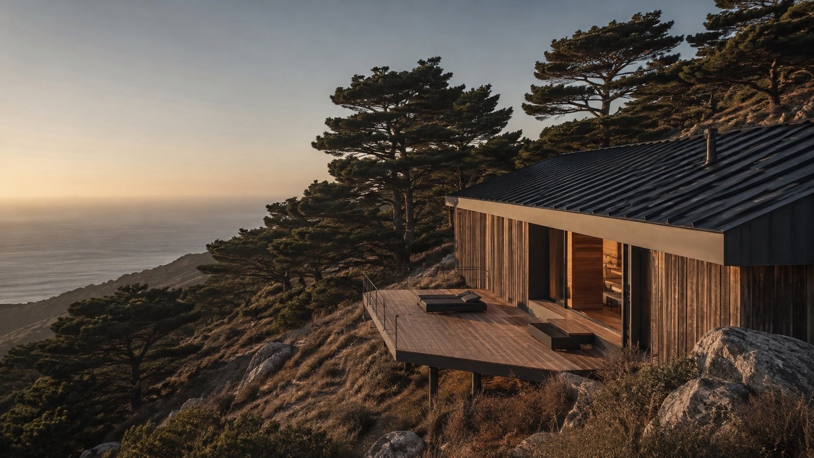 Arquitectura contemporánea de madera integrada a un paisaje costero al atardecer