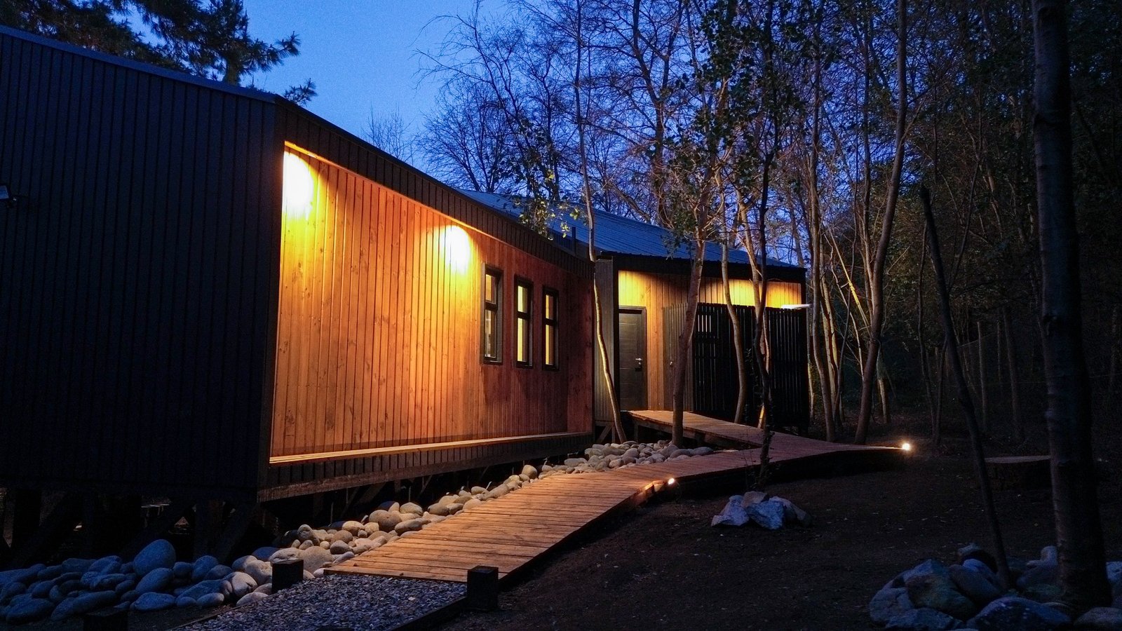 Acceso iluminado de Vilches House entre el bosque
